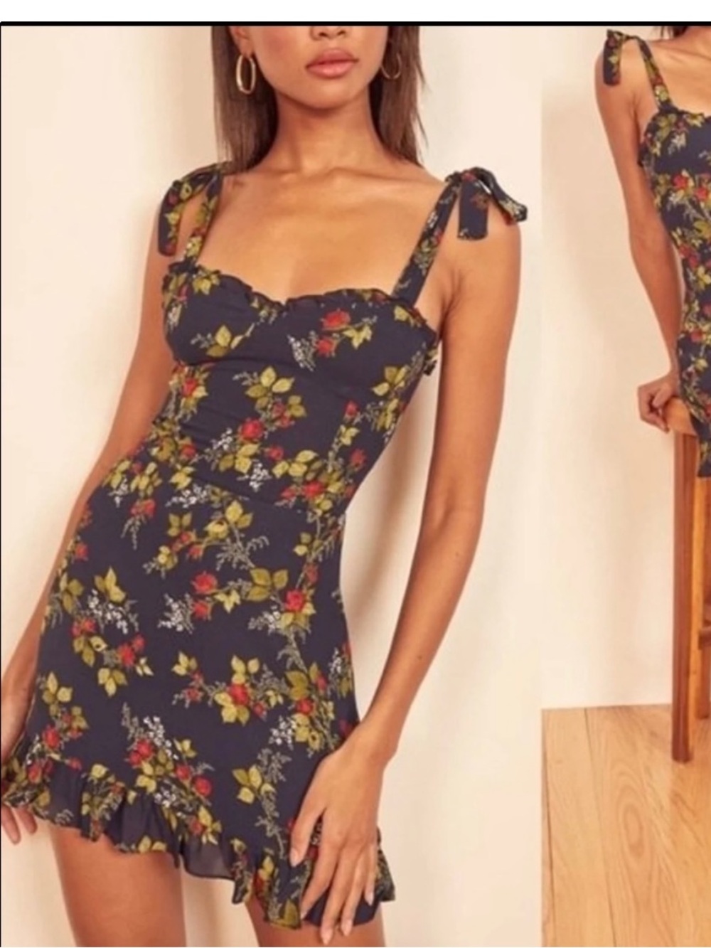 Reformation Navy Floral Tie-Shoulder Mini Dress